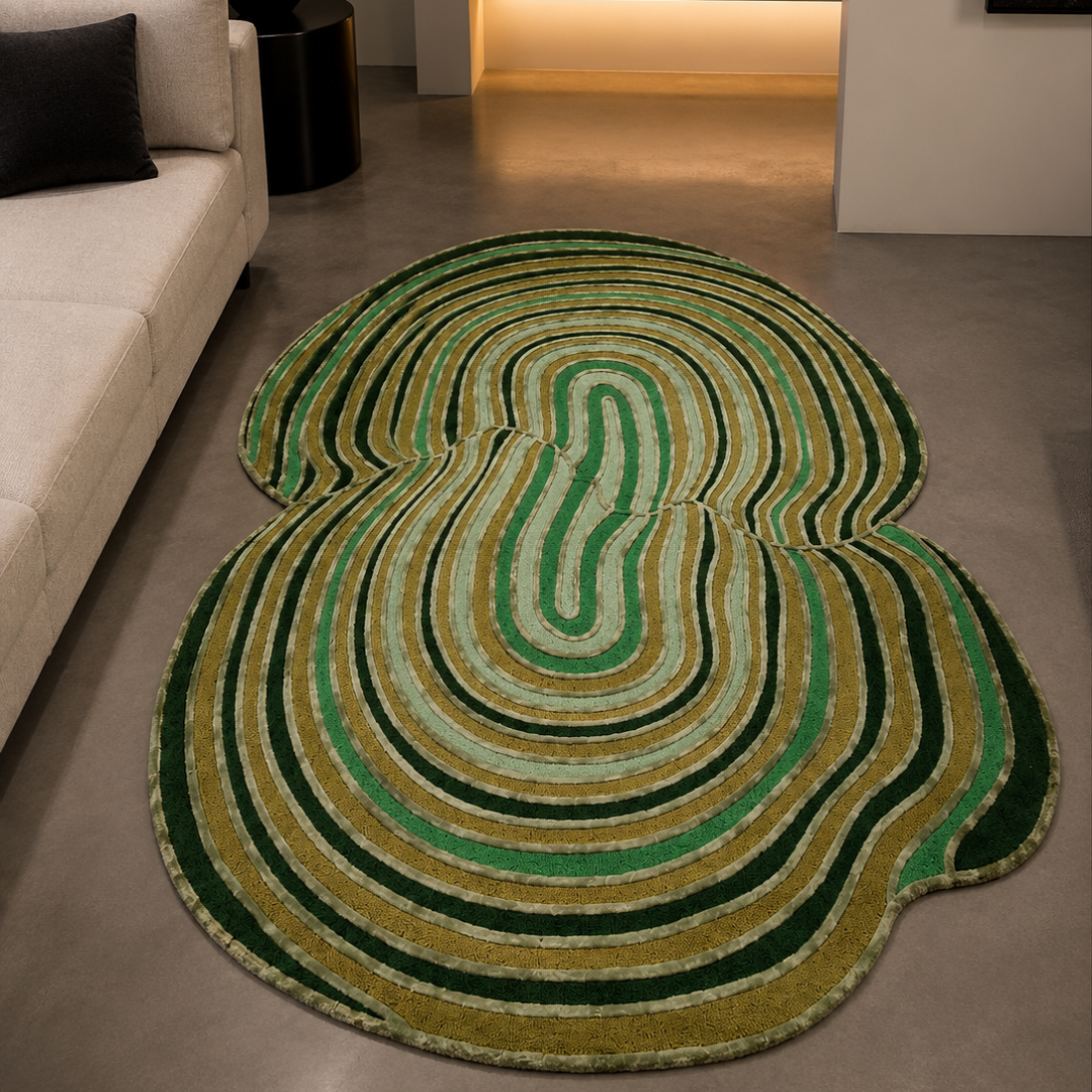 Luxury green abstract hand tufted rug in modern living room
