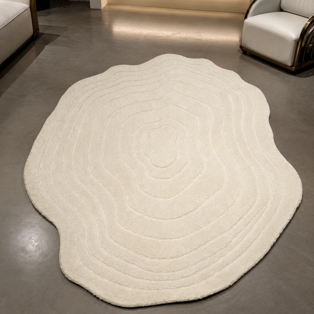 Luxury green abstract hand tufted rug in modern living room
