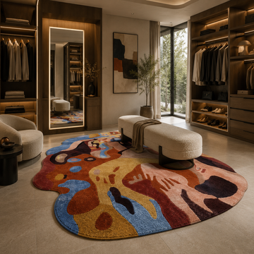 Colorful abstract designer rug and carpet styled in a contemporary walk-in dressing room
