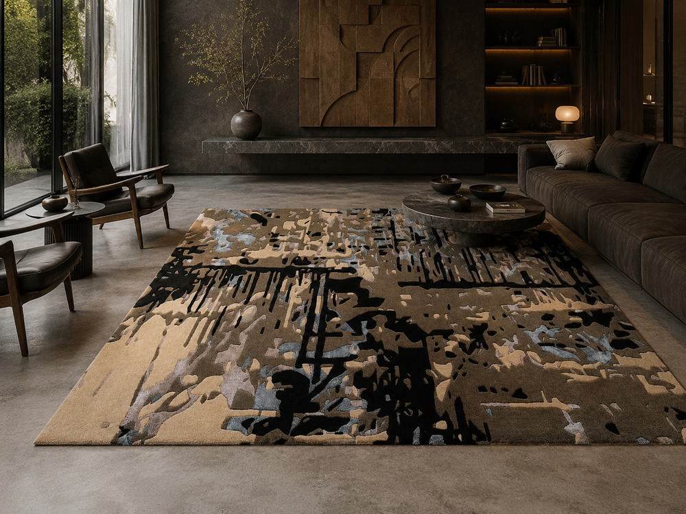 Abstract handmade luxury rugs and carpets styled in a sophisticated modern interior by Premium Rug Collection.