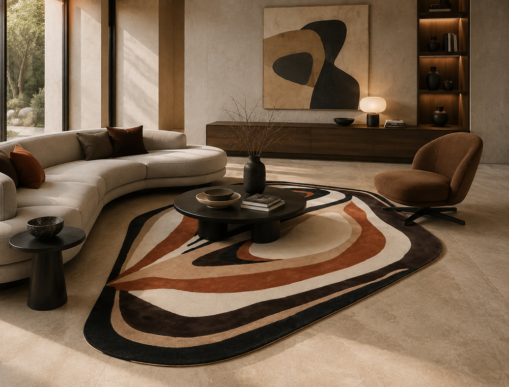 Luxury abstract handmade rugs and carpets showcased in a premium designer interior by Premium Rug Collection.