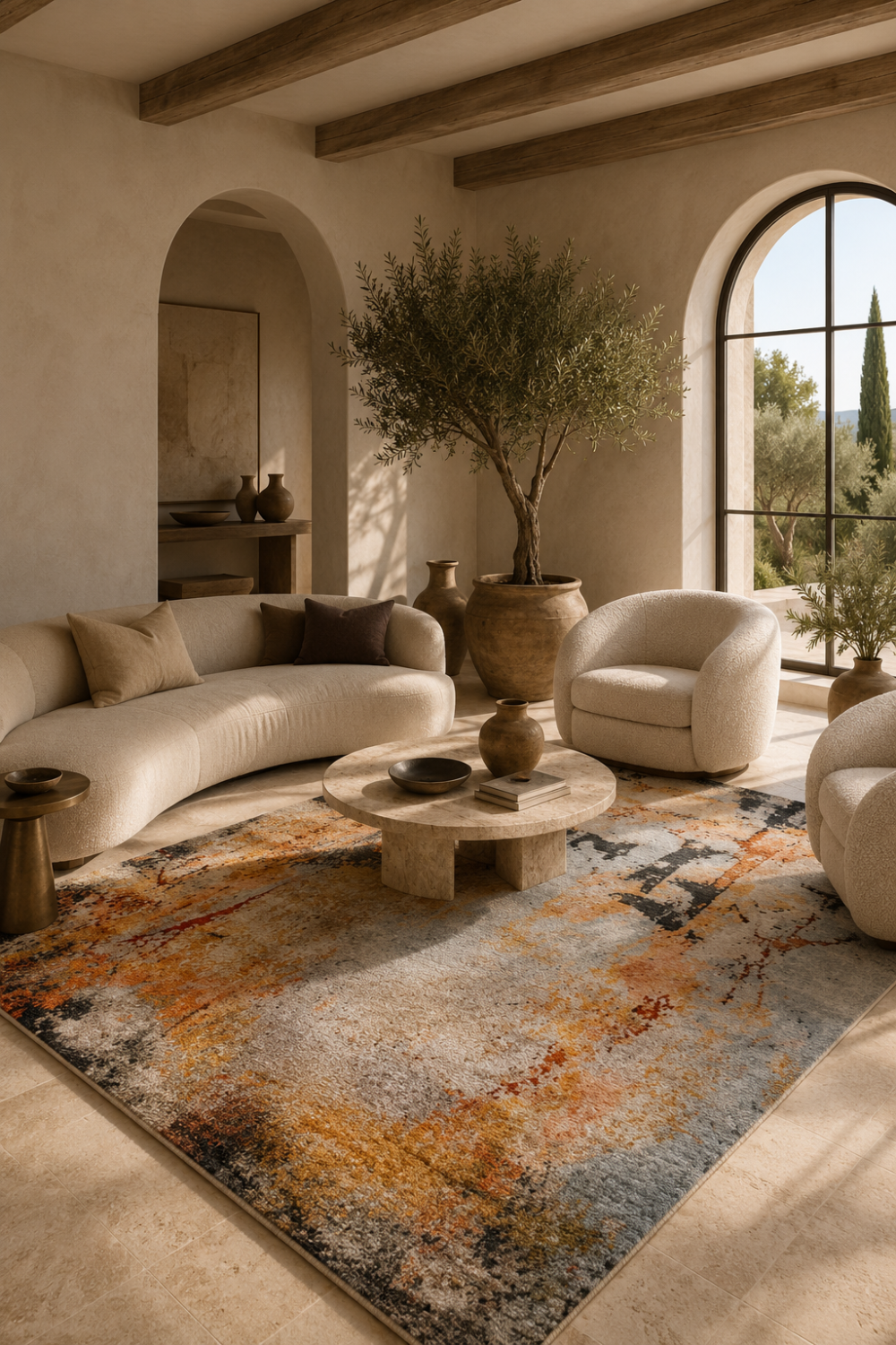 Amber Cascade hand knotted abstract wool and bamboo silk luxury rug styled in a warm contemporary designer living room with premium furnishings.