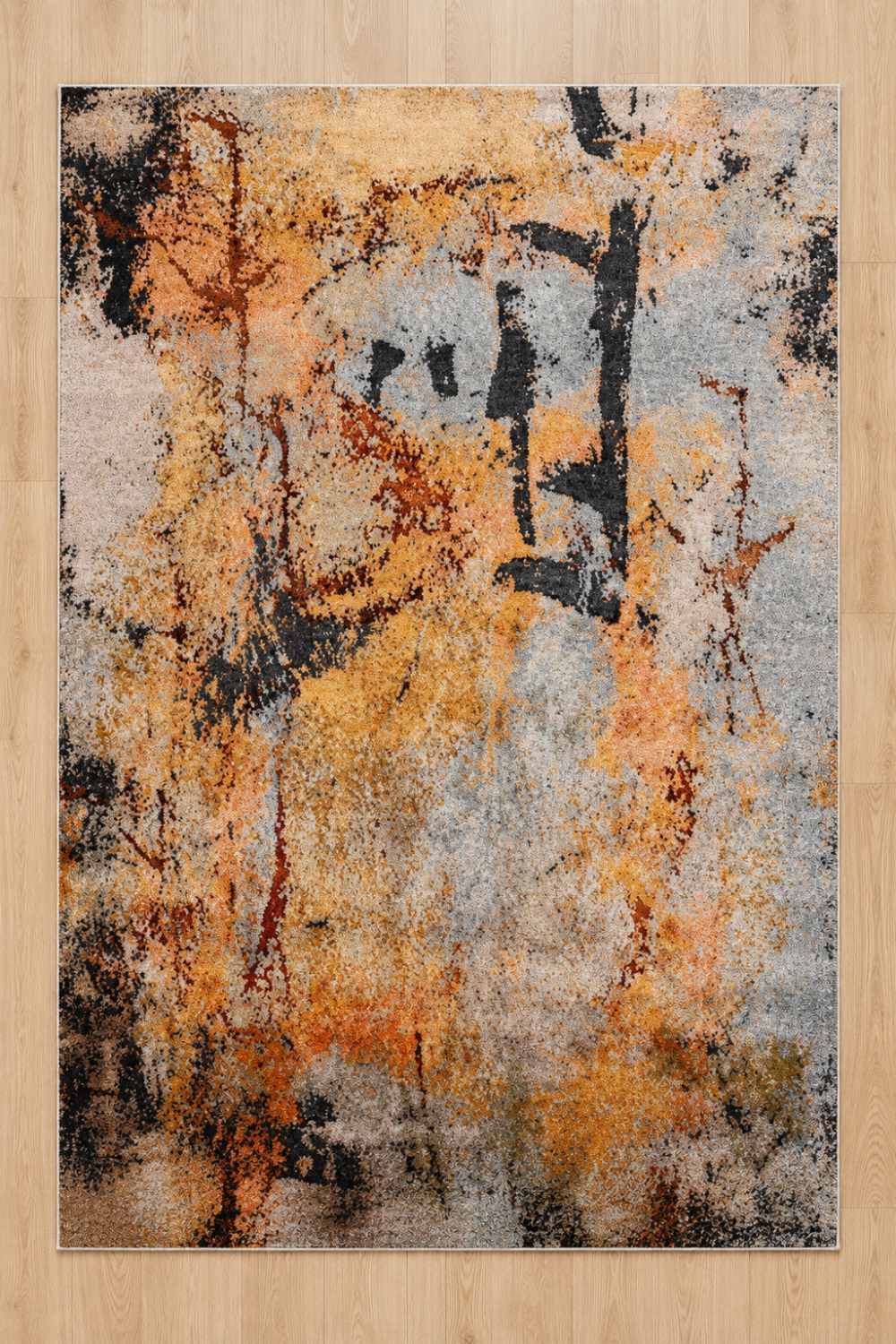 Amber Cascade premium hand knotted abstract wool and bamboo silk luxury rug displayed on a clean gallery surface showcasing the complete handcrafted design.