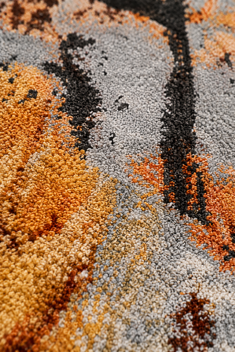 Close-up of the Amber Cascade hand knotted wool and bamboo silk luxury rug highlighting intricate knot definition, premium fibers, and artisan craftsmanship.