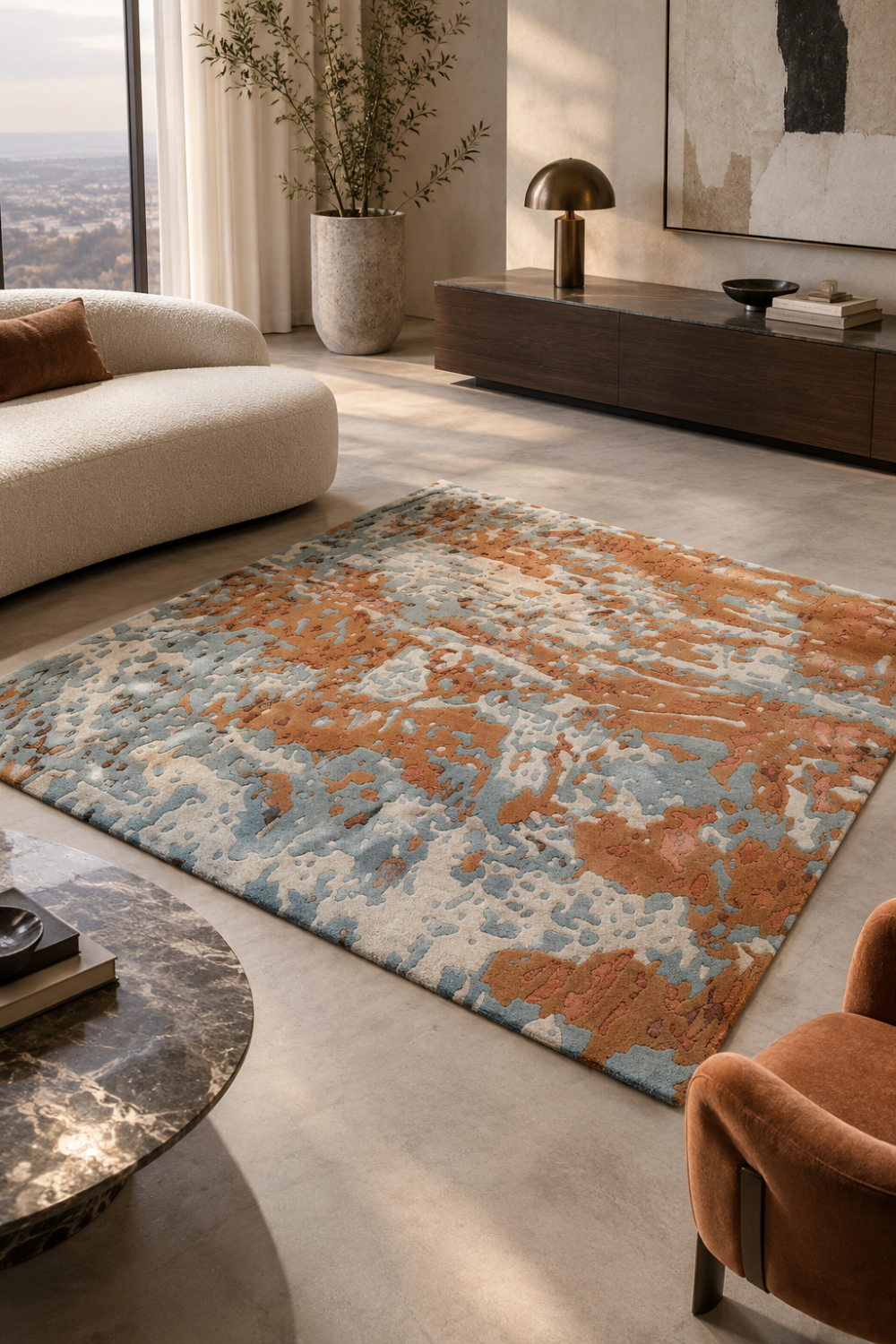 Amber Drift abstract rug in terracotta, ivory and grey styled in a contemporary living room with cream seating, dark wood cabinetry and natural stone finishes