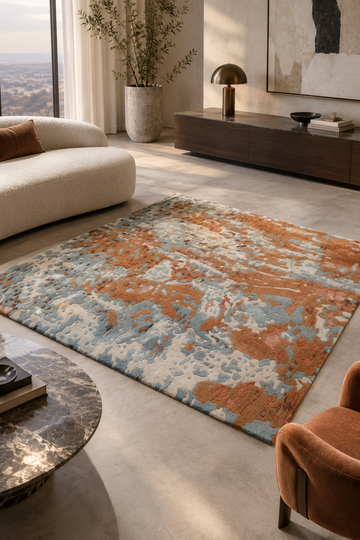 Amber Drift abstract rug in terracotta, ivory and grey styled in a contemporary living room with cream seating, dark wood cabinetry and natural stone finishes