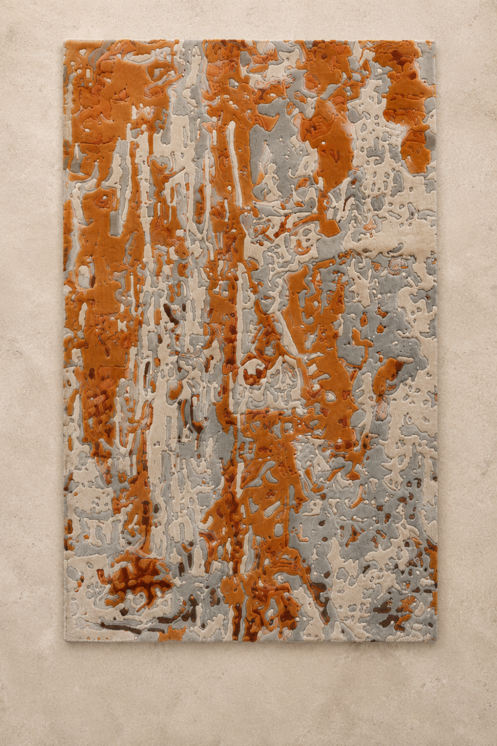 Complete rectangular Amber Drift hand-tufted abstract rug featuring terracotta, ivory and soft grey organic shapes