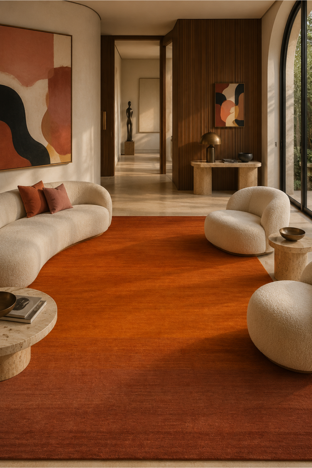 Amber Ember luxury handloom New Zealand wool burnt orange gradient area rug styled in a contemporary living room with warm neutral interiors