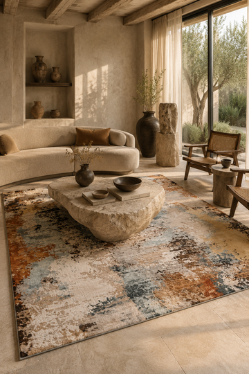 Amber Horizon hand knotted abstract wool and bamboo silk luxury rug styled in a warm contemporary living room with premium designer furniture.