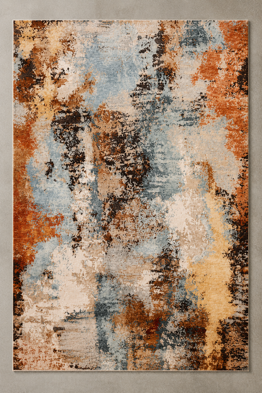 Amber Horizon premium hand knotted abstract wool and bamboo silk luxury rug displayed on a neutral gallery surface showcasing the complete handcrafted design.