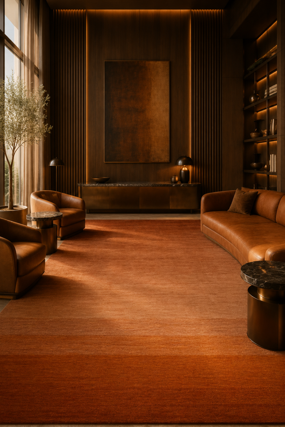 Amber Horizon luxury handloom New Zealand wool rug with warm terracotta tonal shading styled in a contemporary luxury living room