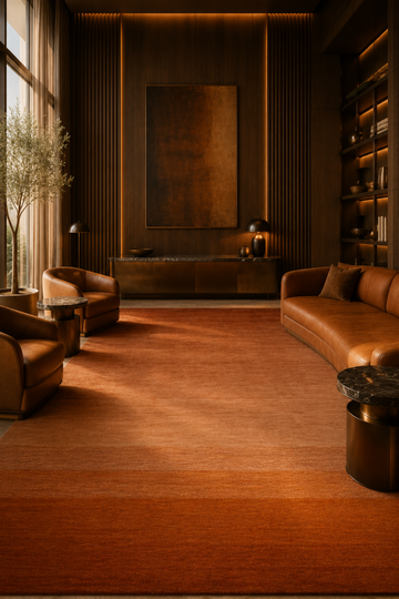 Amber Horizon luxury handloom New Zealand wool rug with warm terracotta tonal shading styled in a contemporary luxury living room