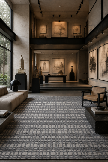 Ash Grid luxury handloom wool and viscose grey contemporary area rug styled in a modern architectural living room with neutral interiors