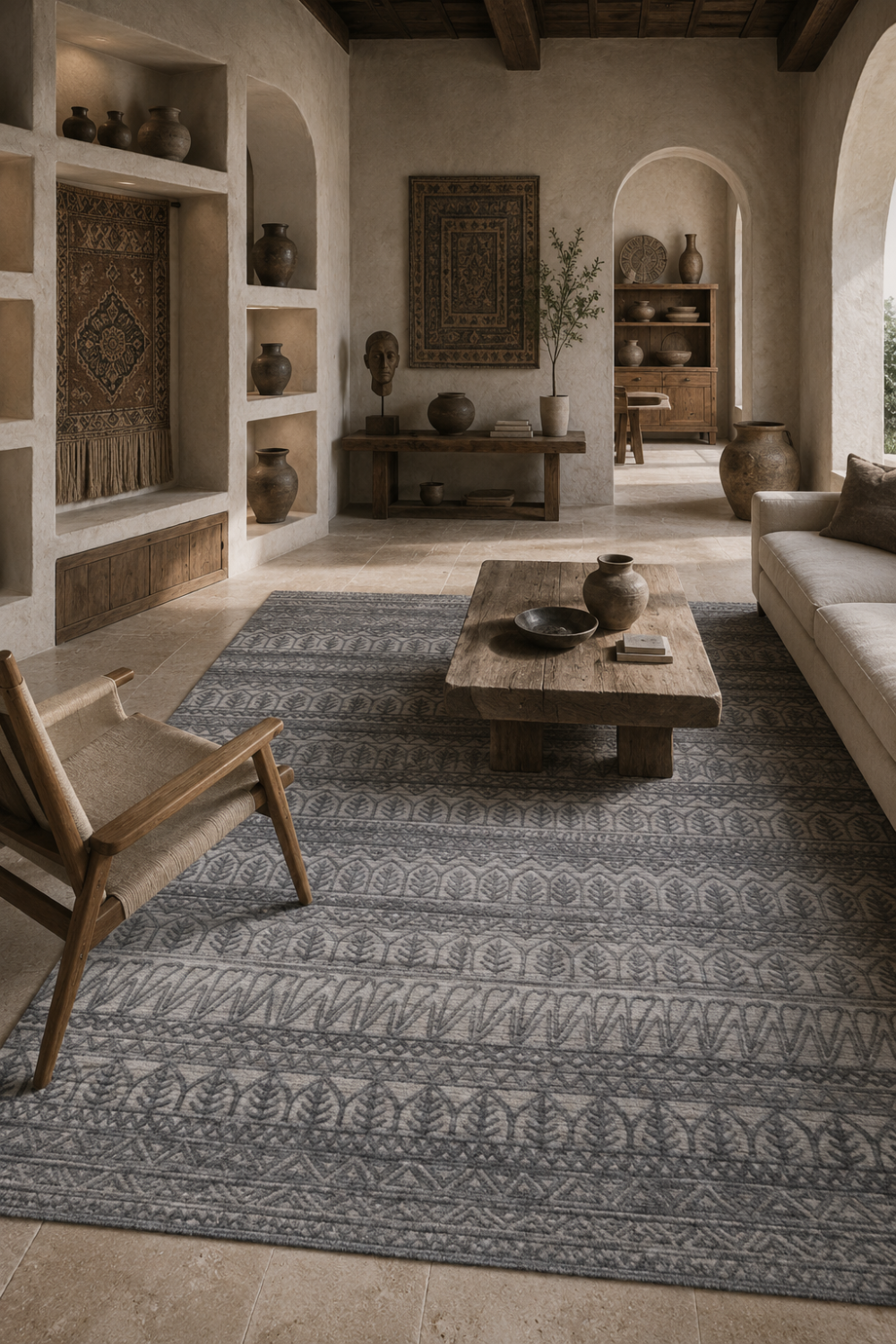 Ash Heritage luxury handloom over hand tufted New Zealand wool ash grey tribal geometric area rug styled in a contemporary rustic living room