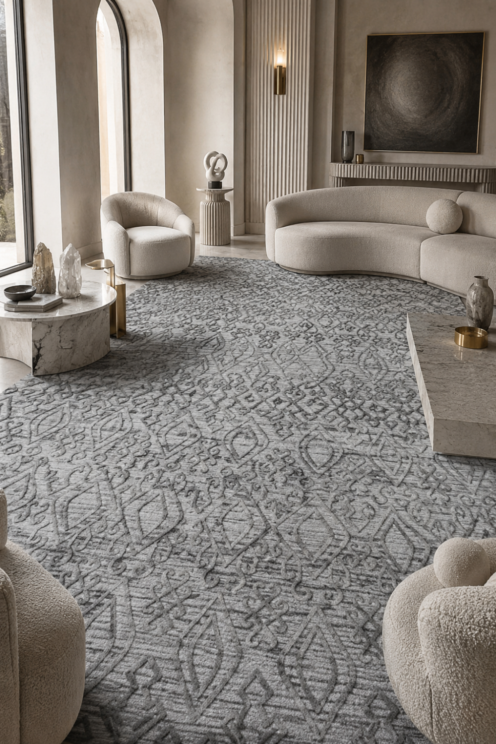 Ash Nomad luxury handloom over hand tufted New Zealand wool silver grey tribal area rug styled in a contemporary designer living room