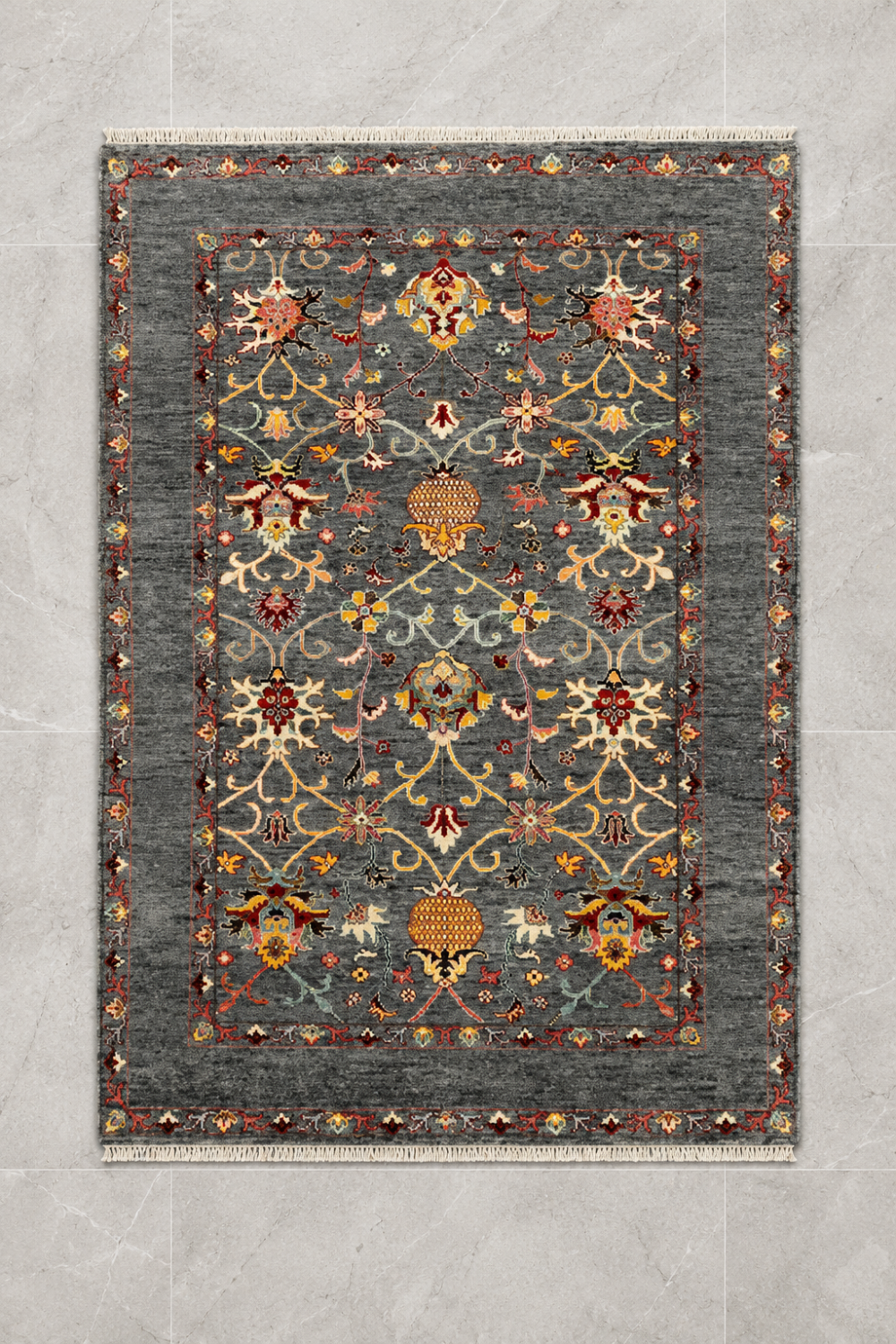 Ashwood Botanical Traditional Hand Knotted Rug featuring a charcoal grey field with intricate botanical floral motifs and premium hand-knotted construction.