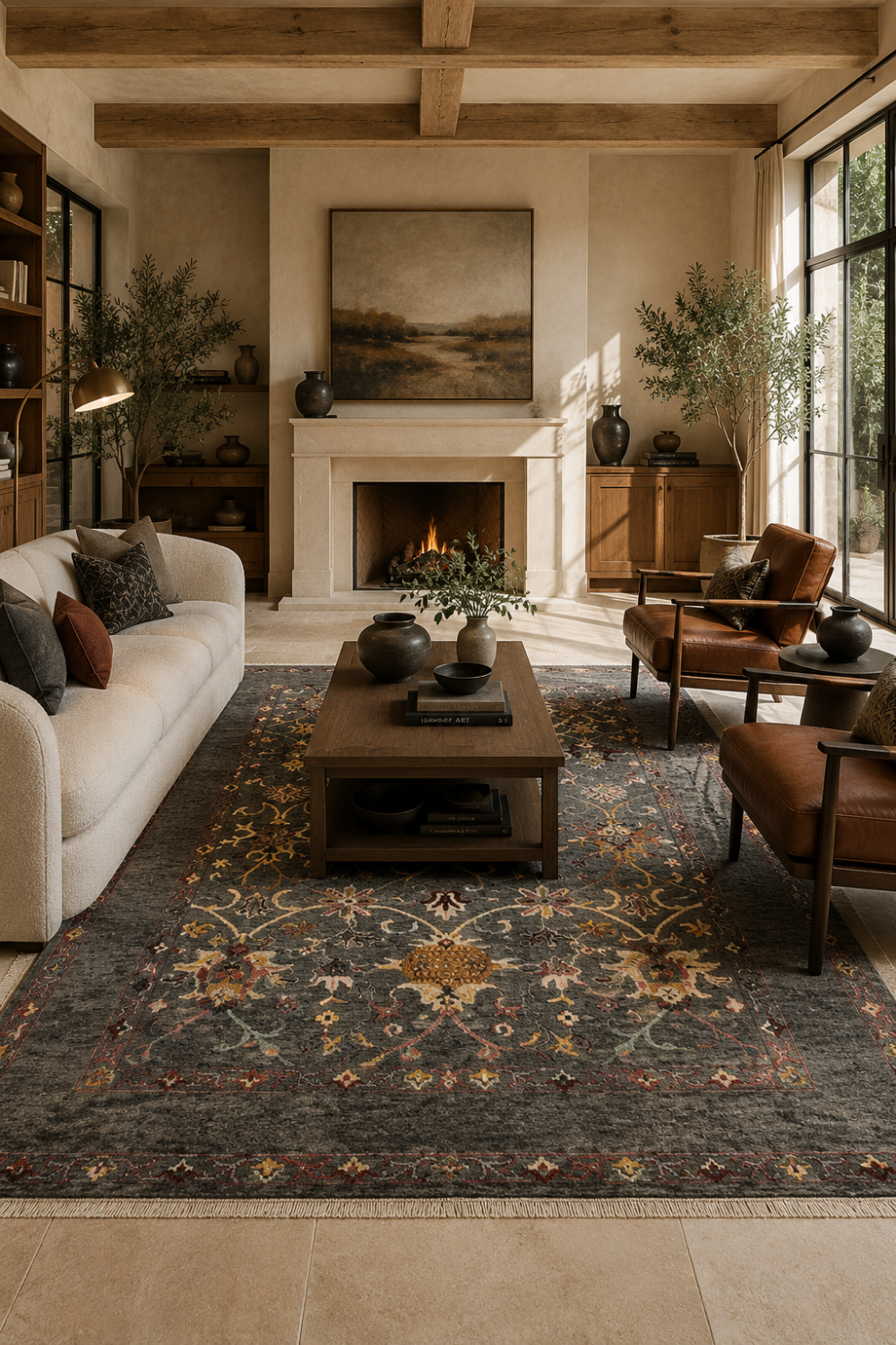 Ashwood Botanical Traditional Hand Knotted Rug styled in a luxury contemporary living room featuring elegant floral vines and artisan craftsmanship.