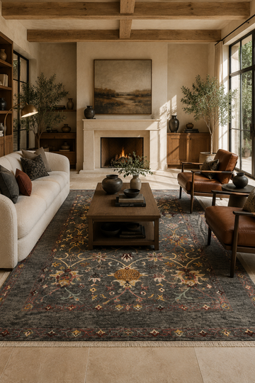 Ashwood Botanical Traditional Hand Knotted Rug styled in a luxury contemporary living room featuring elegant floral vines and artisan craftsmanship.