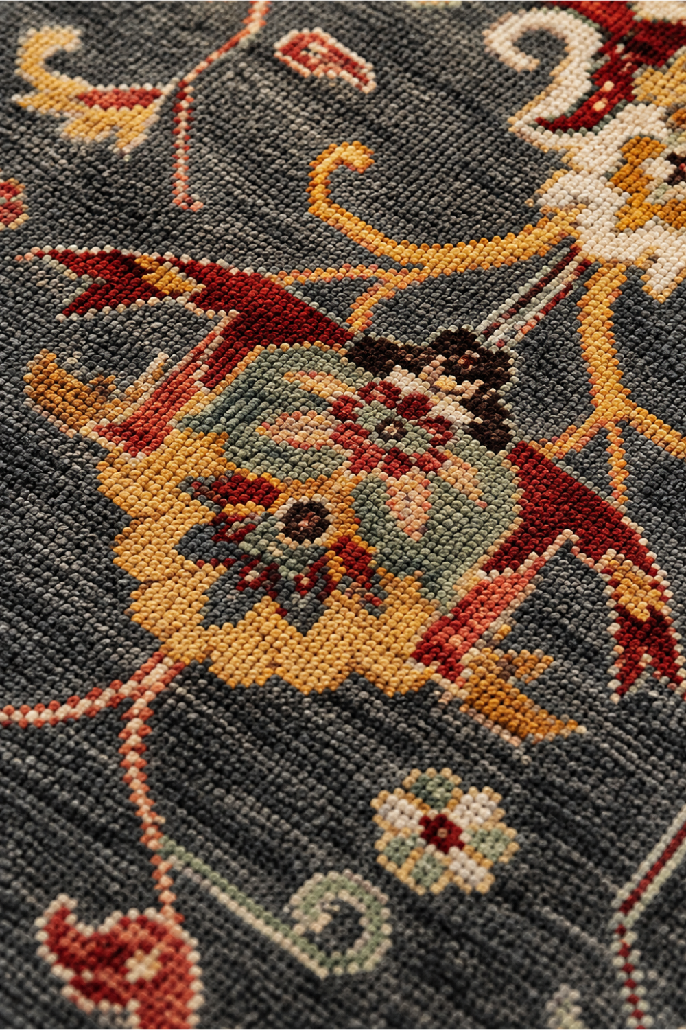 Close-up of the Ashwood Botanical Traditional Hand Knotted Rug showcasing intricate hand-knotted wool fibres, floral detailing, and premium artisan craftsmanship.