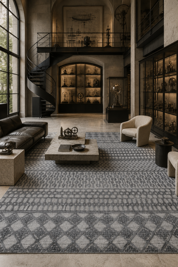 Atlas Rhythm luxury handloom over hand tufted New Zealand wool grey geometric area rug styled in a modern industrial living room