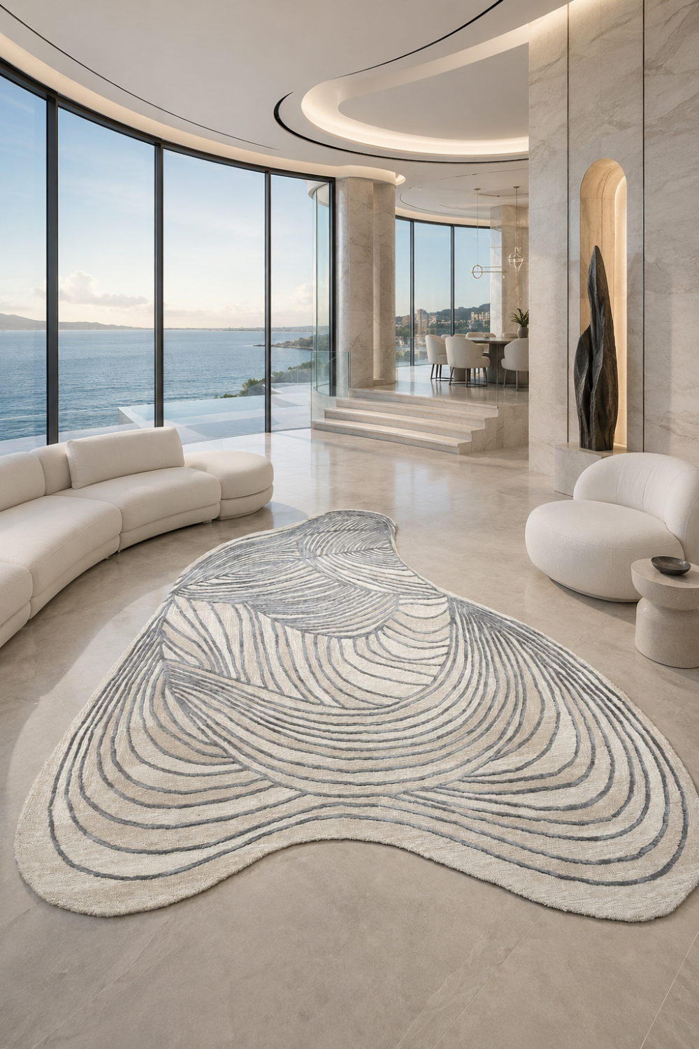 Luxury Aurelia Wave organic rug displayed in a contemporary coastal-inspired living room featuring flowing grey contour patterns on an ivory background.