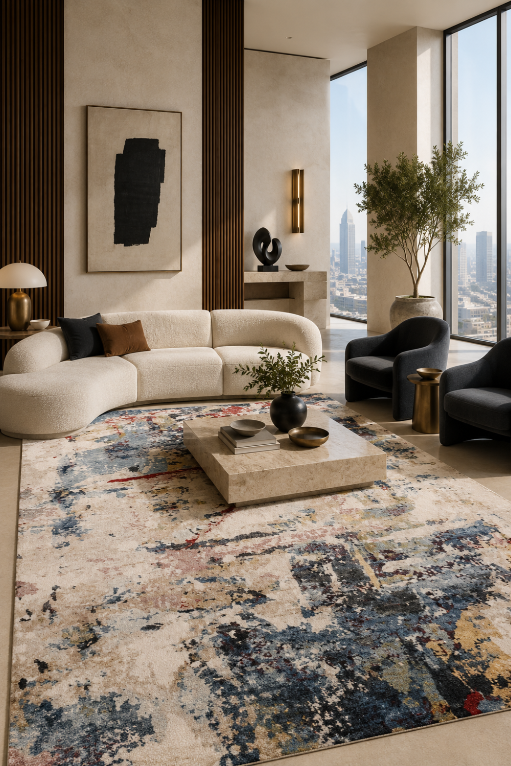 Aurora Canvas hand knotted abstract wool and bamboo silk luxury rug styled in a contemporary designer living room with premium furniture.