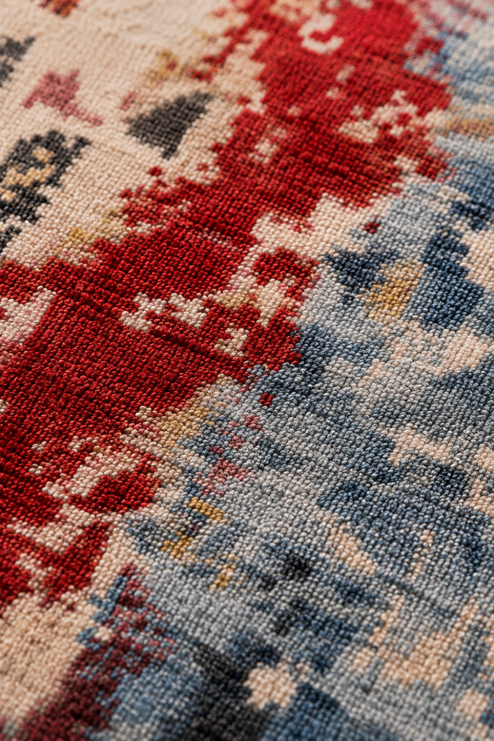 Close-up of Aurora Canvas hand knotted wool and bamboo silk luxury rug highlighting intricate knot definition, premium fibers, and artisan craftsmanship.
