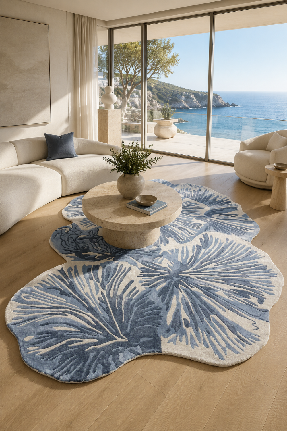 Luxury Azure Bloom Organic Rug styled in a bright coastal-modern living room overlooking the sea with designer furniture and natural light.