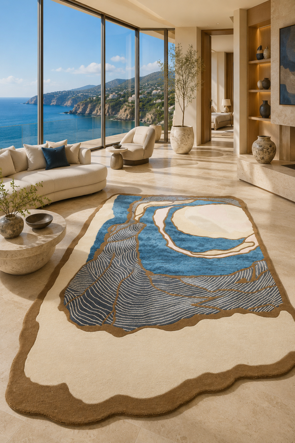 Luxury Azure Canyon abstract rug displayed in a modern coastal living room featuring layered blue contour patterns and handcrafted sculpted detailing.