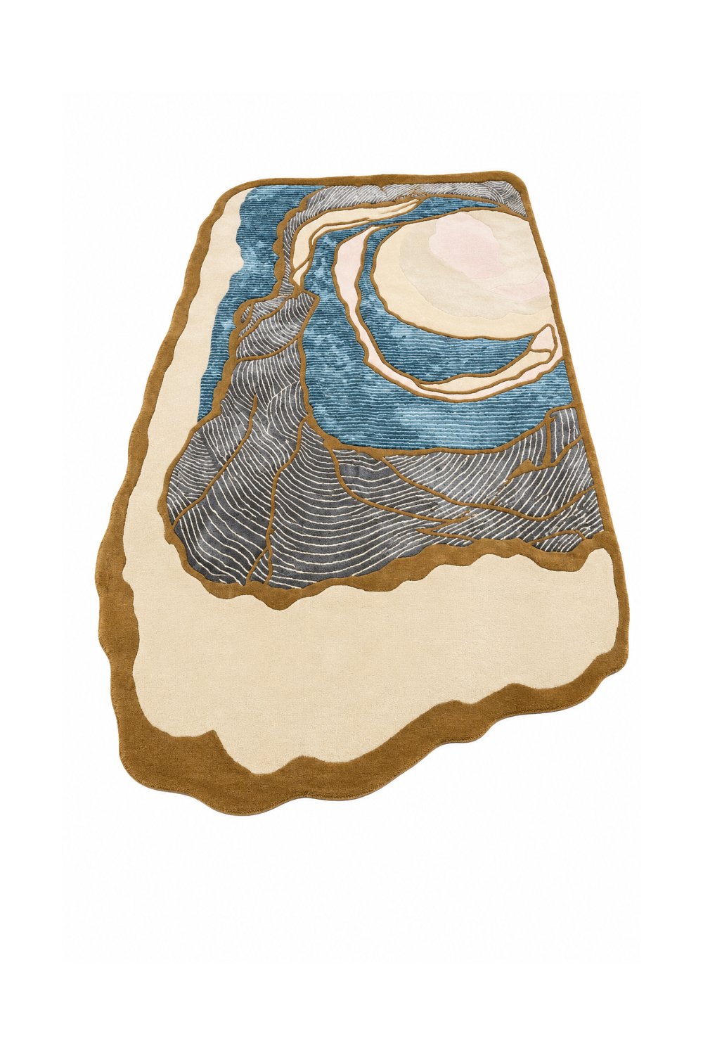 Top view of Azure Canyon luxury abstract rug showcasing organic shape, coastal-inspired design and layered contour artwork.