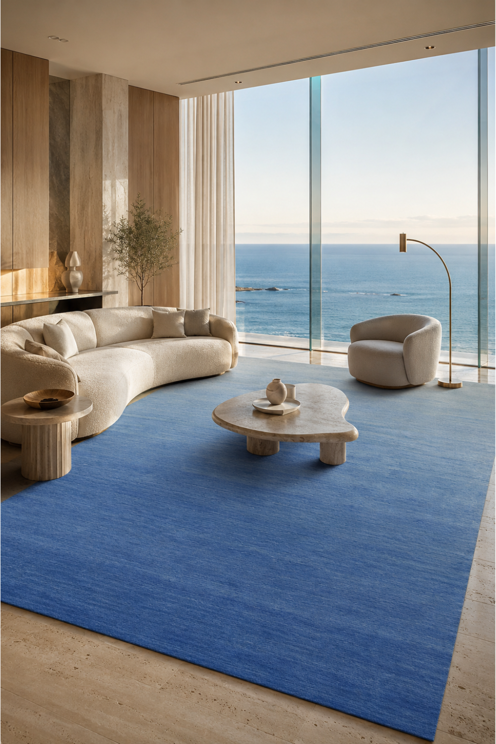 Azure Horizon luxury handloom New Zealand wool blue gradient area rug styled in a contemporary coastal living room