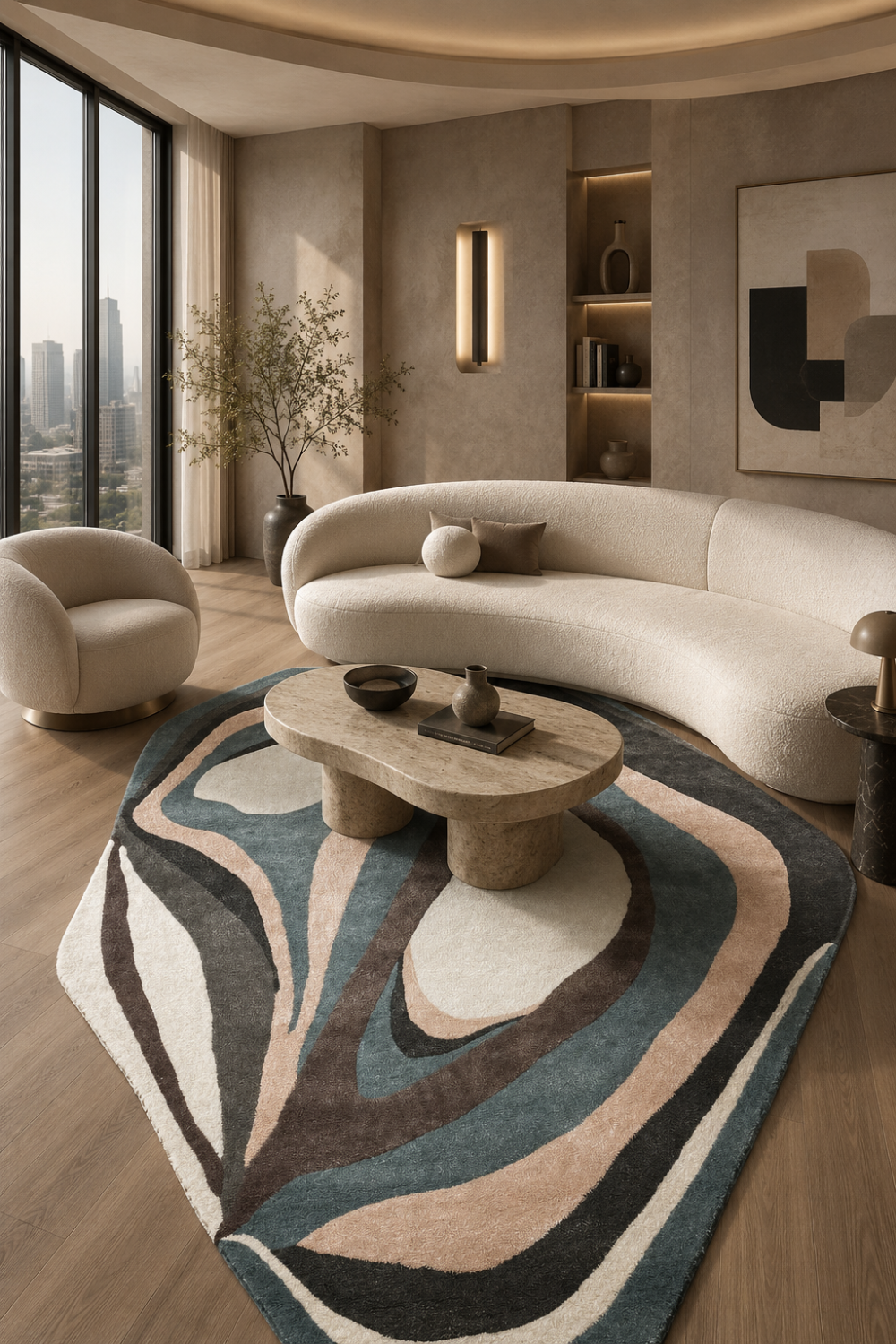 Azure Mirage abstract rug styled in a luxury modern living room featuring organic patterns in teal blue, ivory, mocha brown and beige tones.