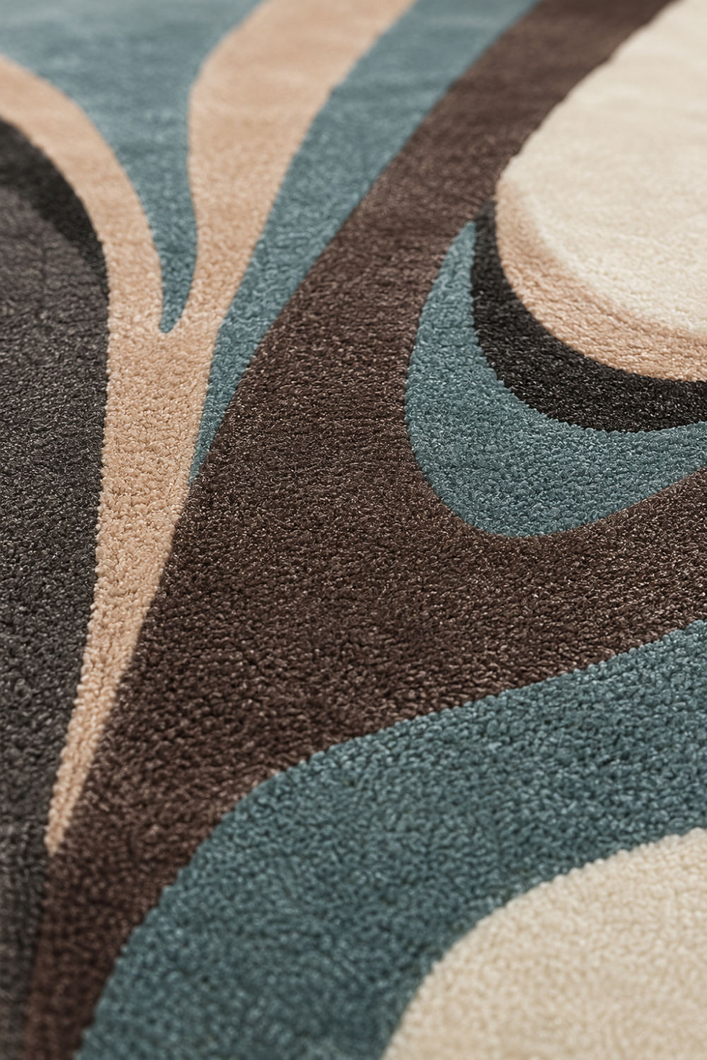 Close-up texture detail of Azure Mirage abstract rug showcasing premium craftsmanship, plush pile and artistic pattern design.