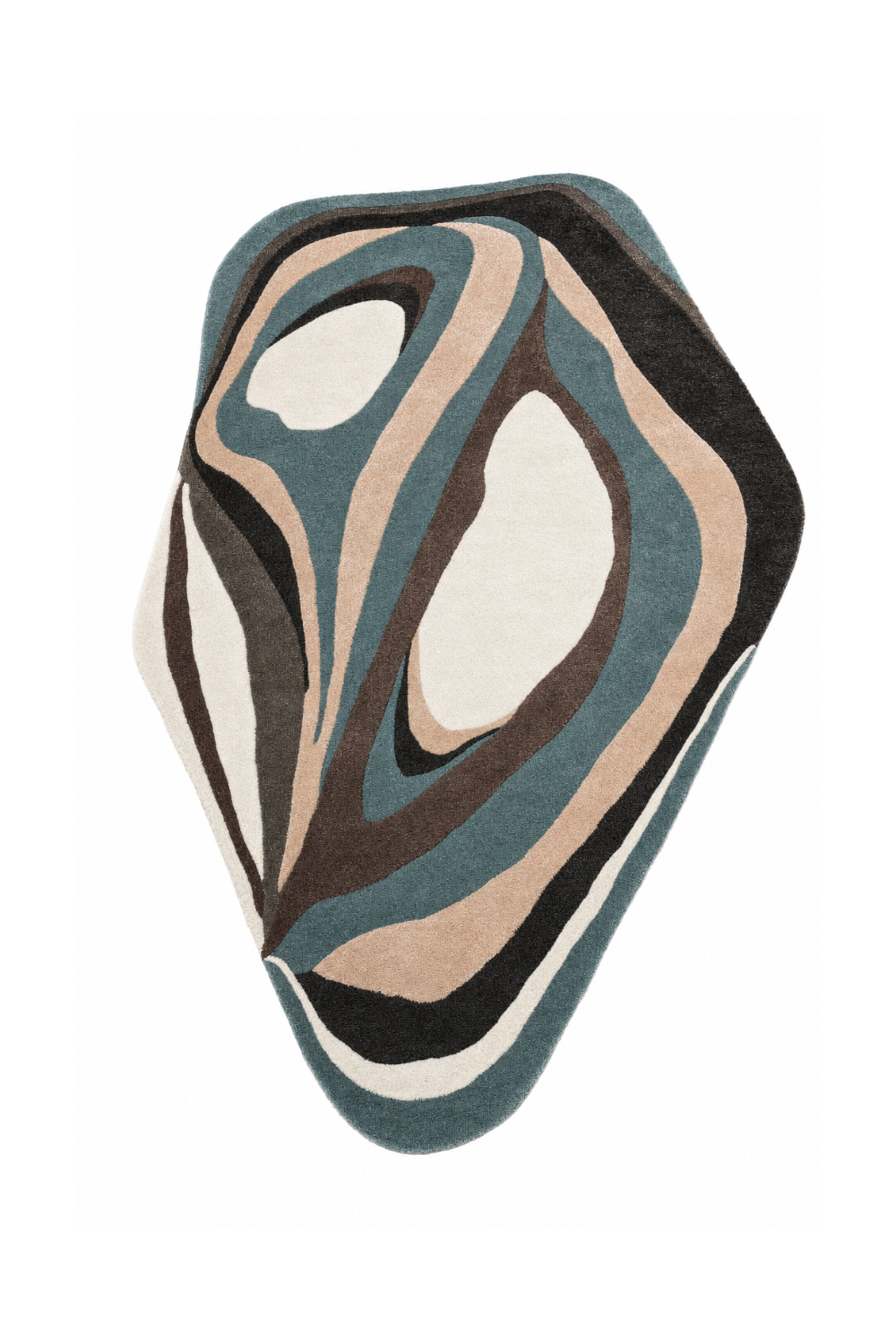 Azure Mirage organic shape abstract area rug featuring layered teal blue, ivory, mocha brown, beige and charcoal patterns.