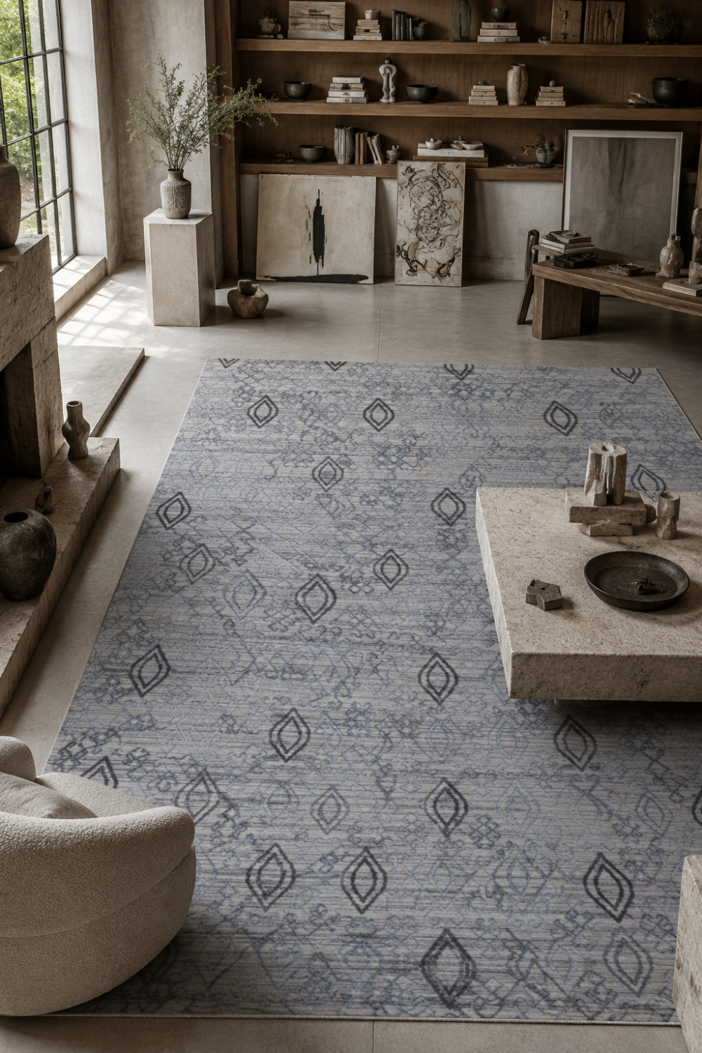 Azure Nomad luxury handloom over hand tufted New Zealand wool blue grey tribal area rug styled in a contemporary designer living room
