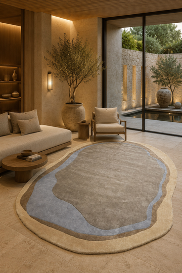 Azure Oasis organic rug styled in a luxury contemporary living room featuring layered taupe, beige and soft blue contours.