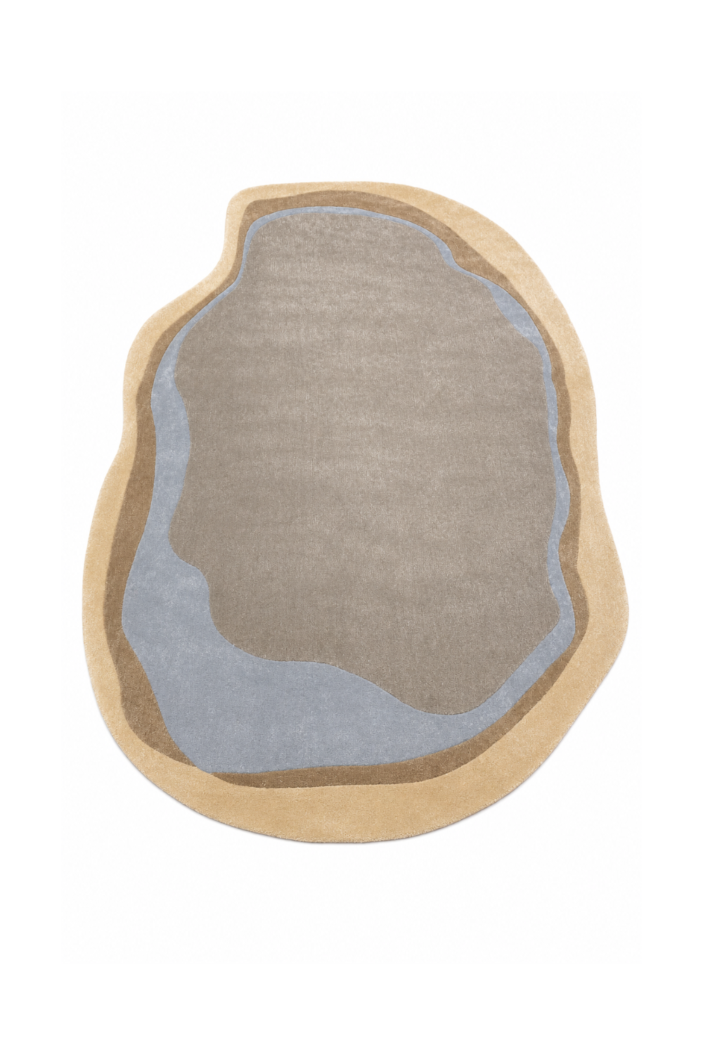 Azure Oasis organic rug styled in a luxury contemporary living room featuring layered taupe, beige and soft blue contours.