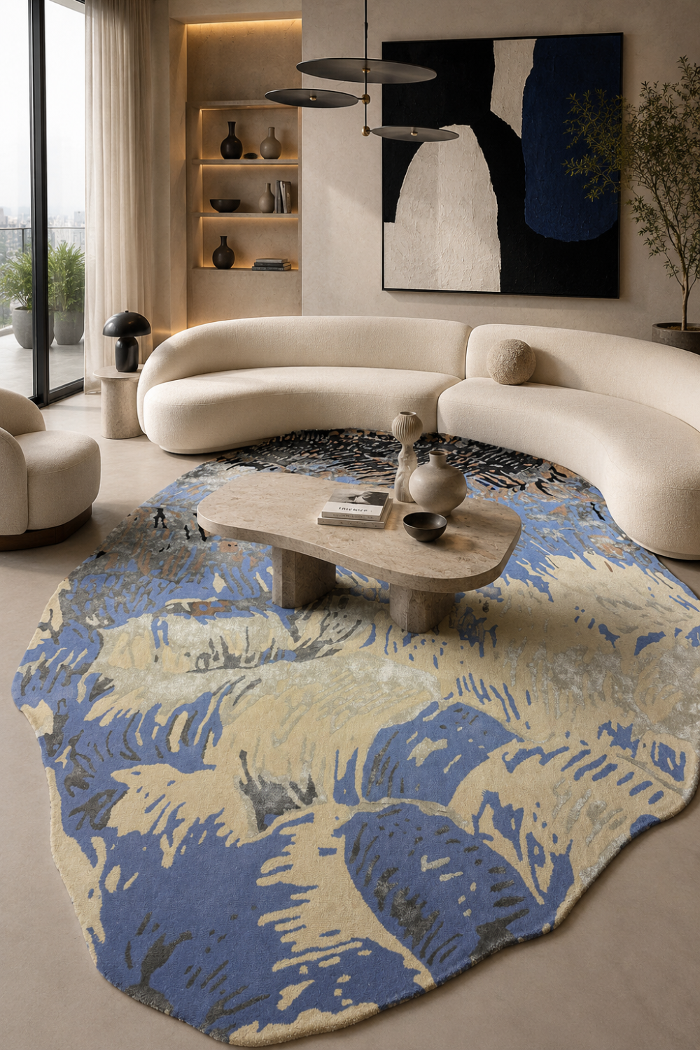 Azure Terrain abstract rug styled in a luxury living room featuring artistic blue, ivory and grey brushstroke patterns.
