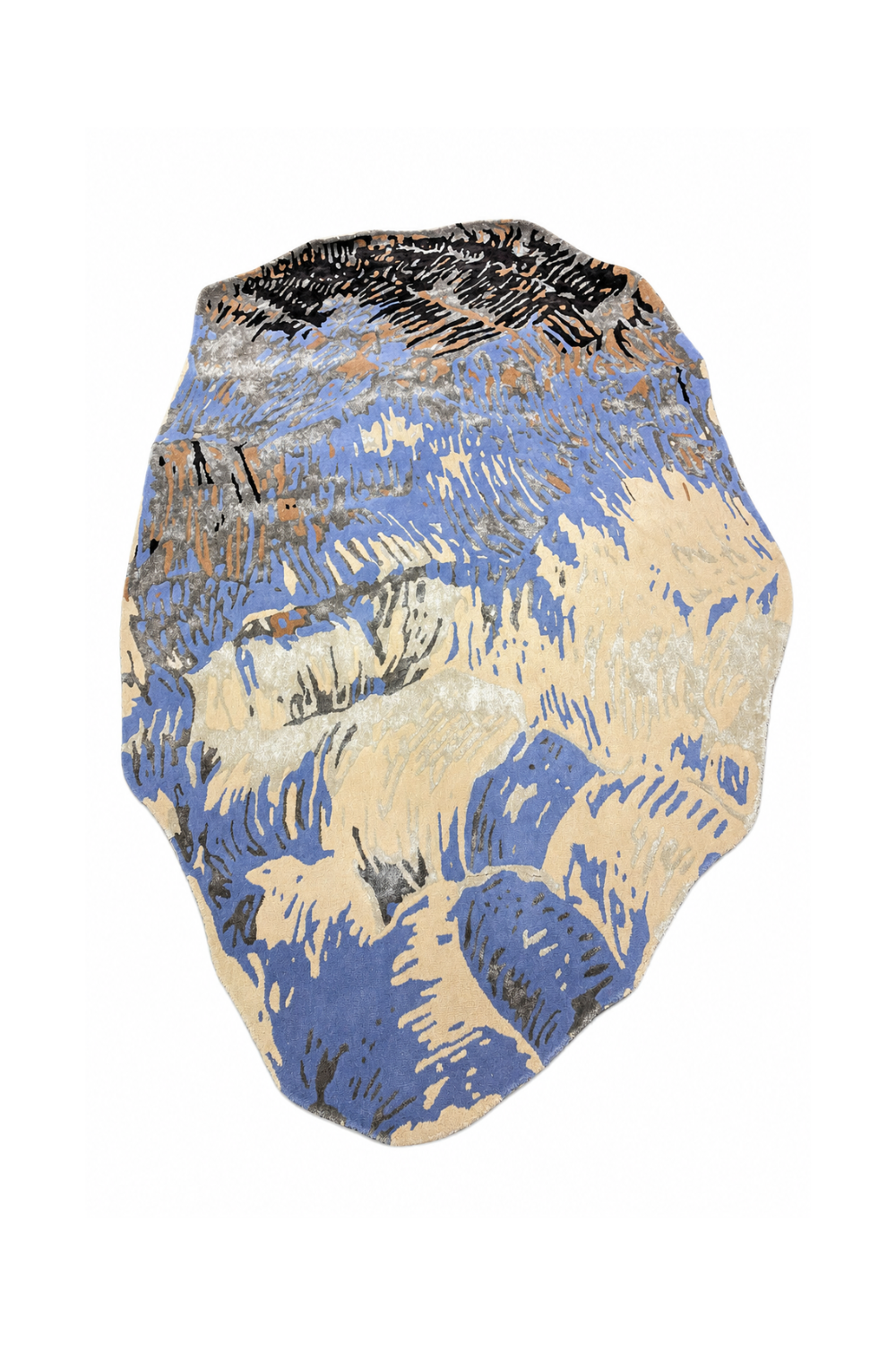 Azure Terrain designer abstract rug featuring organic shape, blue brushstroke artwork and contemporary luxury styling.