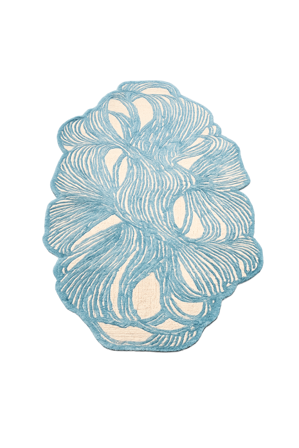 Azure Weave organic area rug in sky blue and ivory handcrafted from New Zealand Wool Bamboo Silk and Tencel with freeform contemporary design
