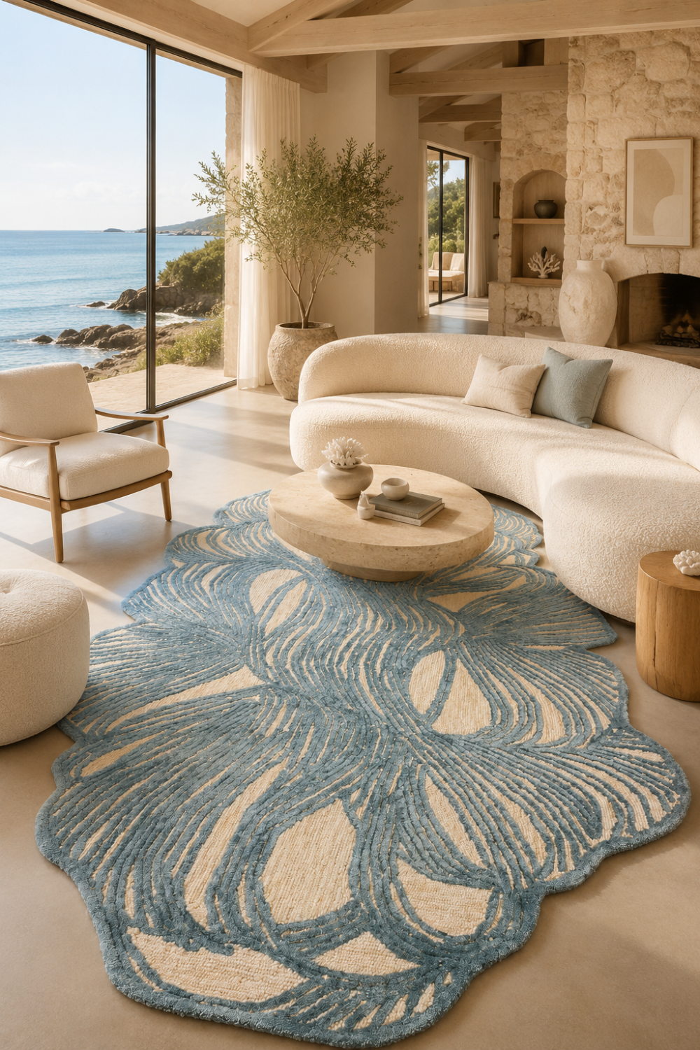 Azure Weave luxury hand tufted organic rug styled in a modern coastal living room featuring sculpted blue contours and premium textured craftsmanship