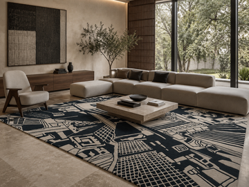 Black and ivory abstract geometric modern rug in a contemporary luxury living room