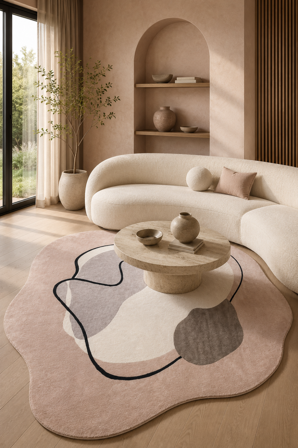 Blush Contour abstract rug styled in a luxury living room featuring blush pink, ivory and charcoal organic artistic patterns.