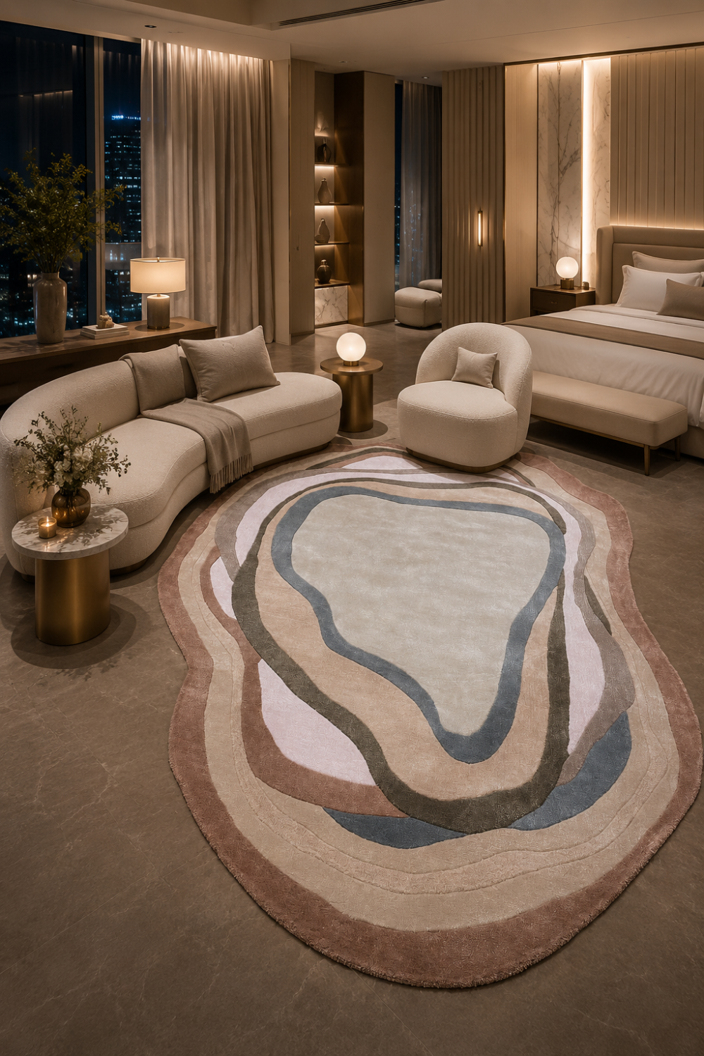 Blush Contour organic rug styled in a luxury bedroom suite featuring flowing contour-inspired layers in blush pink, ivory, taupe and soft blue tones.