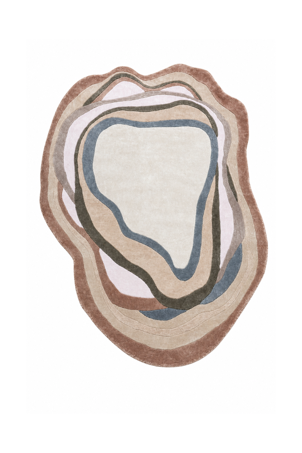 Blush Contour organic rug styled in a luxury bedroom suite featuring flowing contour-inspired layers in blush pink, ivory, taupe and soft blue tones.