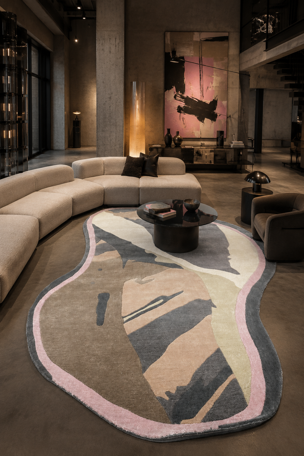 Blush Eclipse abstract organic rug styled in a luxury modern living room featuring blush pink, charcoal grey, taupe and ivory artistic patterns.