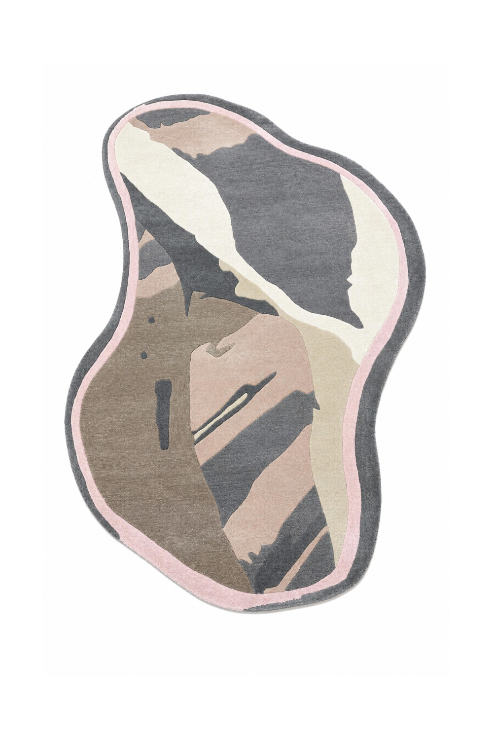 Blush Eclipse abstract organic rug styled in a luxury modern living room featuring blush pink, charcoal grey, taupe and ivory artistic patterns.