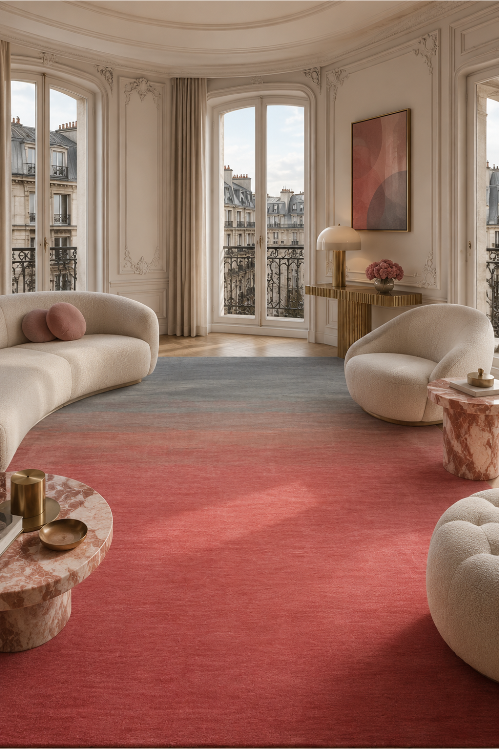 Blush Horizon luxury handloom New Zealand wool grey and blush gradient area rug styled in an elegant contemporary living room