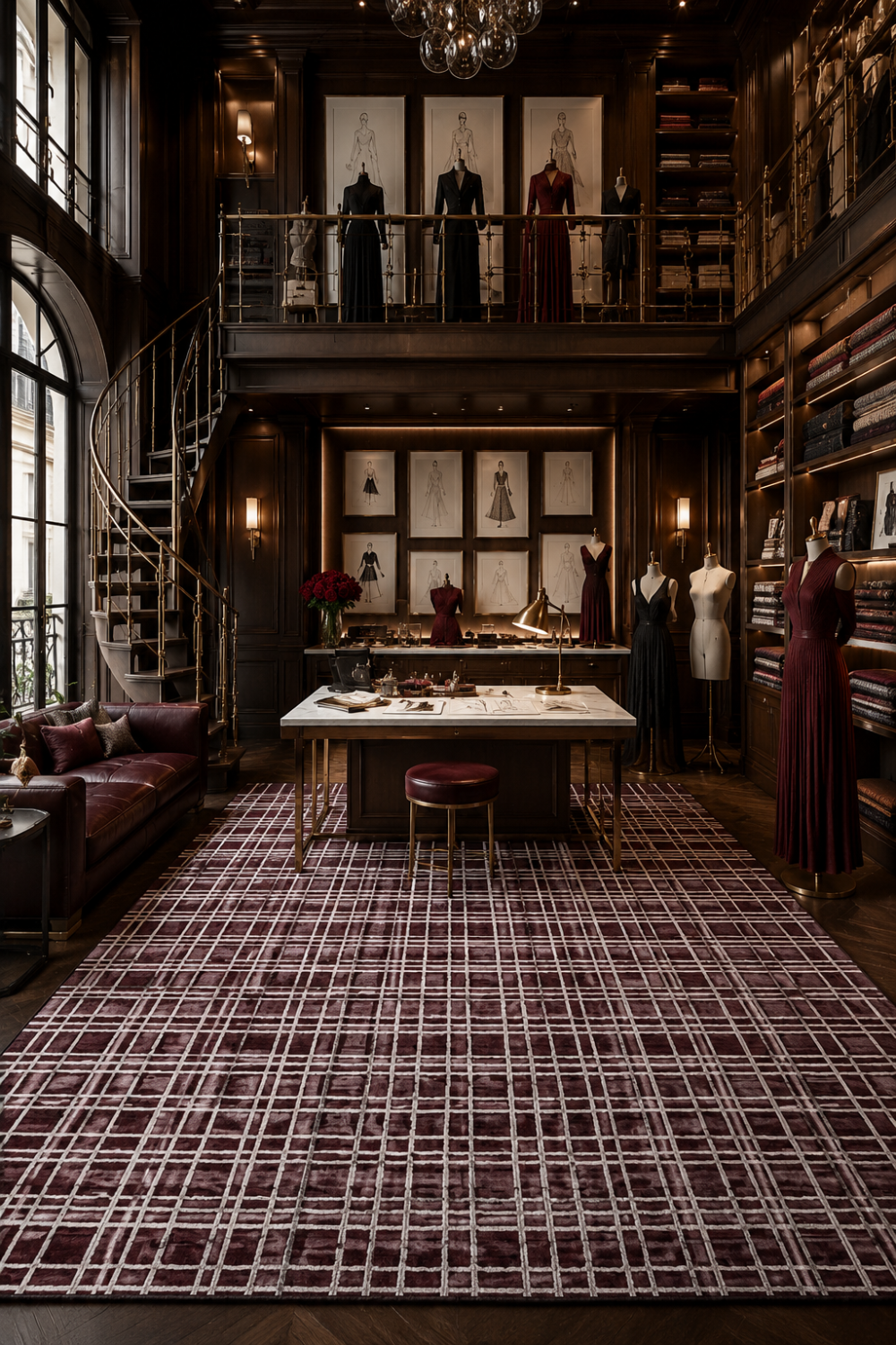 Bordeaux Grid luxury handloom wool and viscose burgundy contemporary area rug styled inside an elegant luxury fashion atelier with architectural interiors