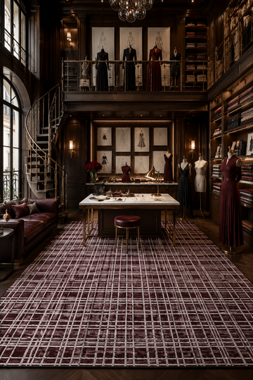 Bordeaux Grid luxury handloom wool and viscose burgundy contemporary area rug styled inside an elegant luxury fashion atelier with architectural interiors